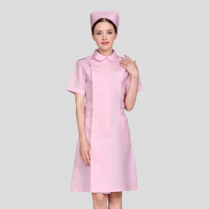 Vestido de verão feminino, uniforme de enfermeira, manga curta, gola inferior, branco, rosa, auto-cultivo, estudantes de beleza