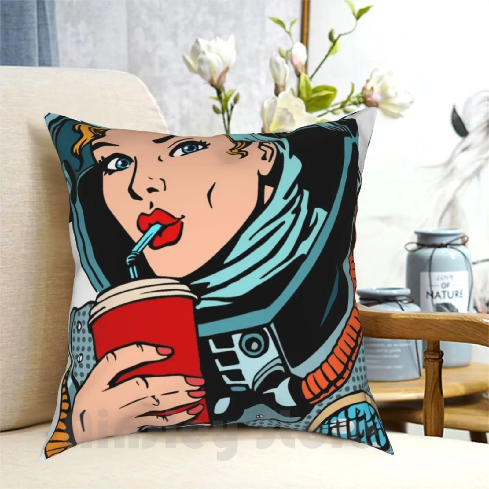 Space Woman In Red Lipstick Drinking Pillow Case Printed Home Soft Throw Pillow Pop Art Red Lipstick Kiss Pop Culture