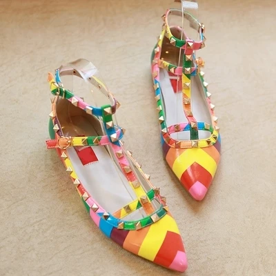 Rainbow Ankle Strap Studded Colorful Slip On Rivets Flats Strappy Buckle Walking Soft Women Shoes Color Mixing Travel Size 35-43