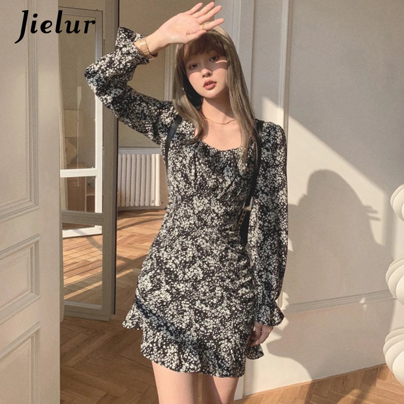 Jielur Vintage Spring Floral Mini Dress Fashion Women Long Sleeve Square Collar Dresses A-line High Street Party Dress Vestidos