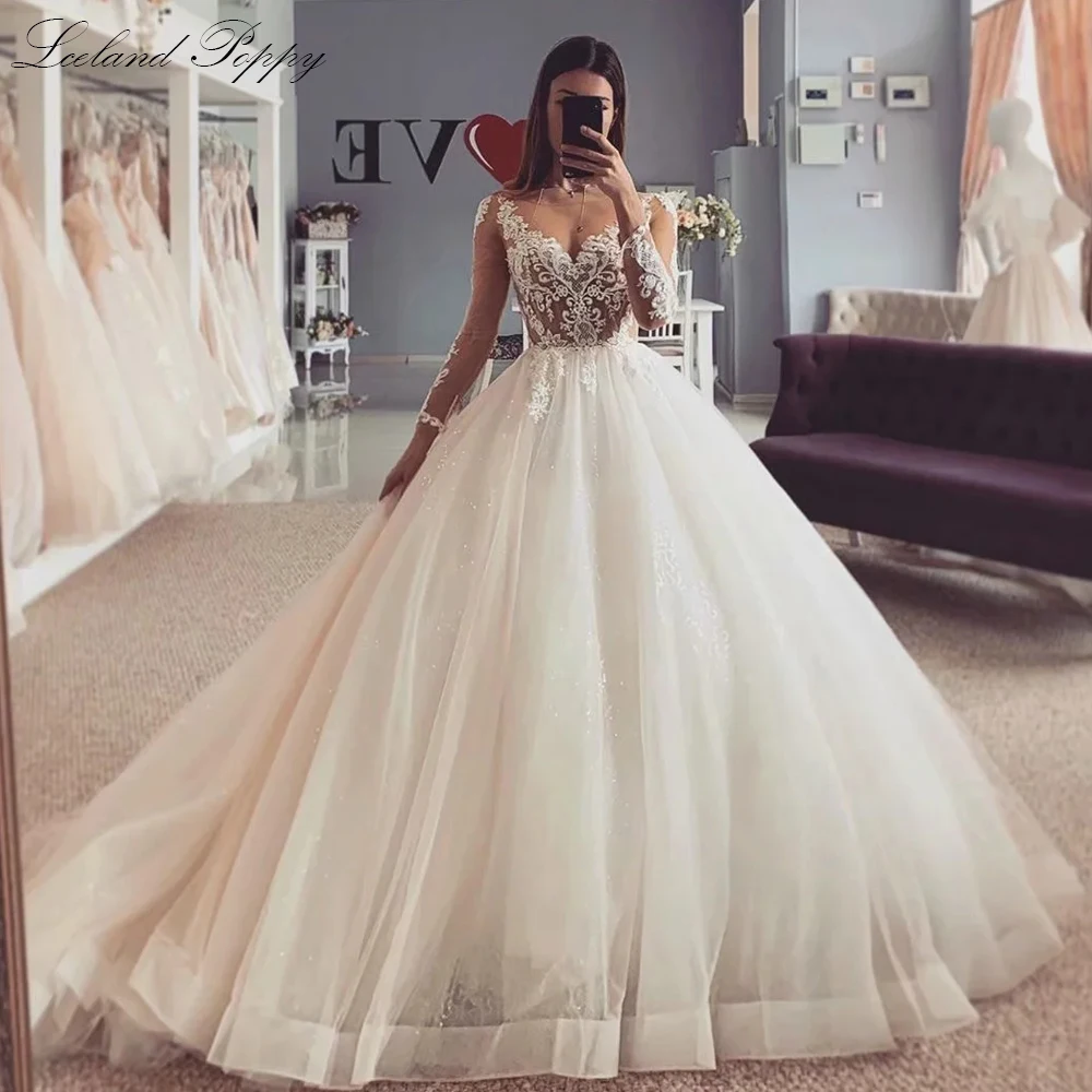 Lceland Poppy Elegant A-line Shiny Wedding Dresses Illusion Full Sleeves Lace Appliques Vestido de novia Bridal Dress