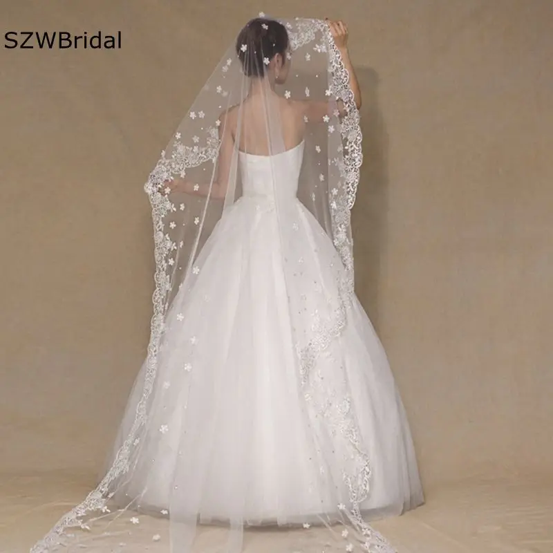 

Ivory Lace Appliques Long Bridal Veils Long 3D Flower Wedding veil Welon mariage Bride novia accesorios
