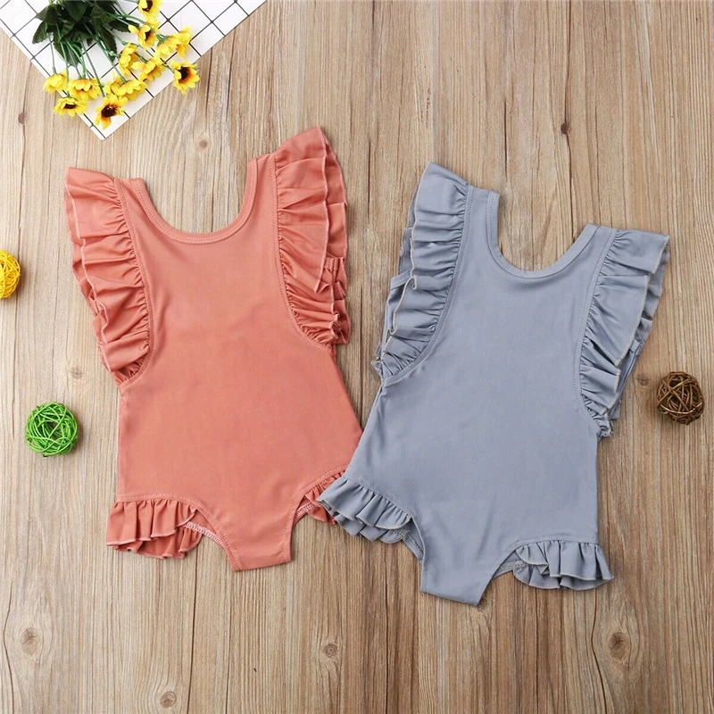 Tregren Kids Girls Swimsuit Summer Solid Color Ruffle Sleeve Swimwear Beach Pool Bathing Suit Beachwear For Children 1-6Years