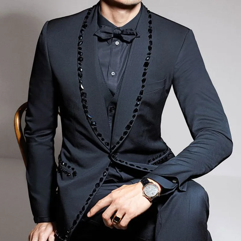 

Classic Black Beaded Prom Men Suits for Wedding Slim Fit Groom Tuxedo with Shawl Lapel Male Fashion Jacket Vest Pants