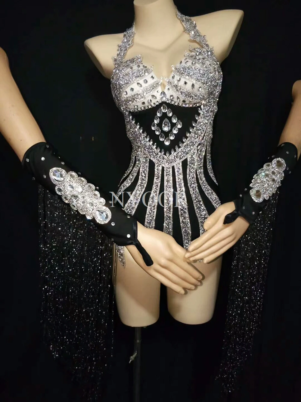 Sparkly Silver Crystals Bodysuit Sexy Skinny Leotard Tassel Gloves Female Bar Dance Stage Party Dance Costume Celebrate Dress