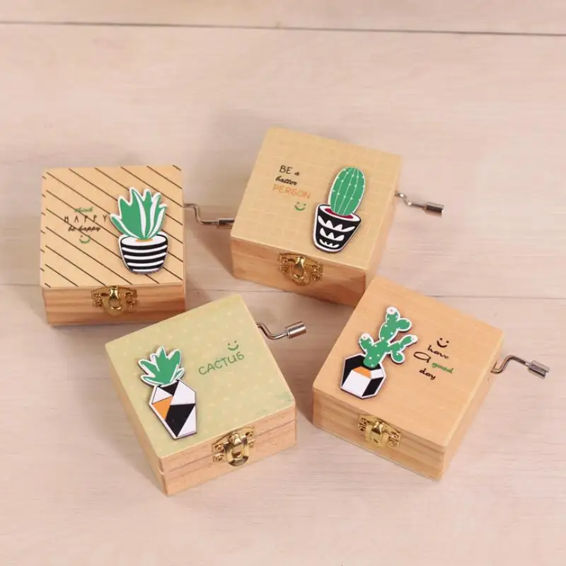 Solid Wooden Music Box With Mirror Hand Made Creative Cactus Design Craft Exquisite Musical Gifts LX8721