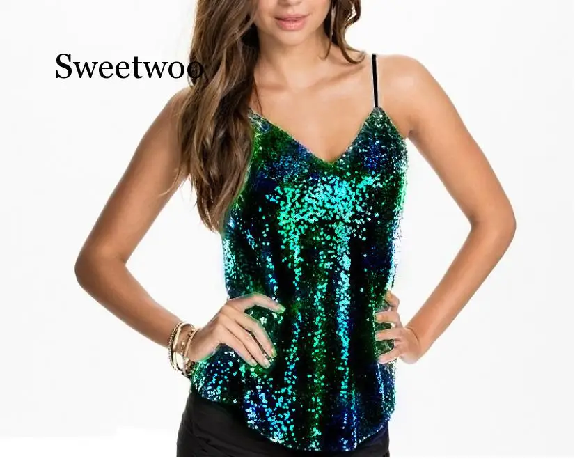 

Summer Sequins Top for Women Sexy 2020 Spaghetti Straped V Neck Solid Metallic Shiny Black Party Clubwear Crop Top Vest