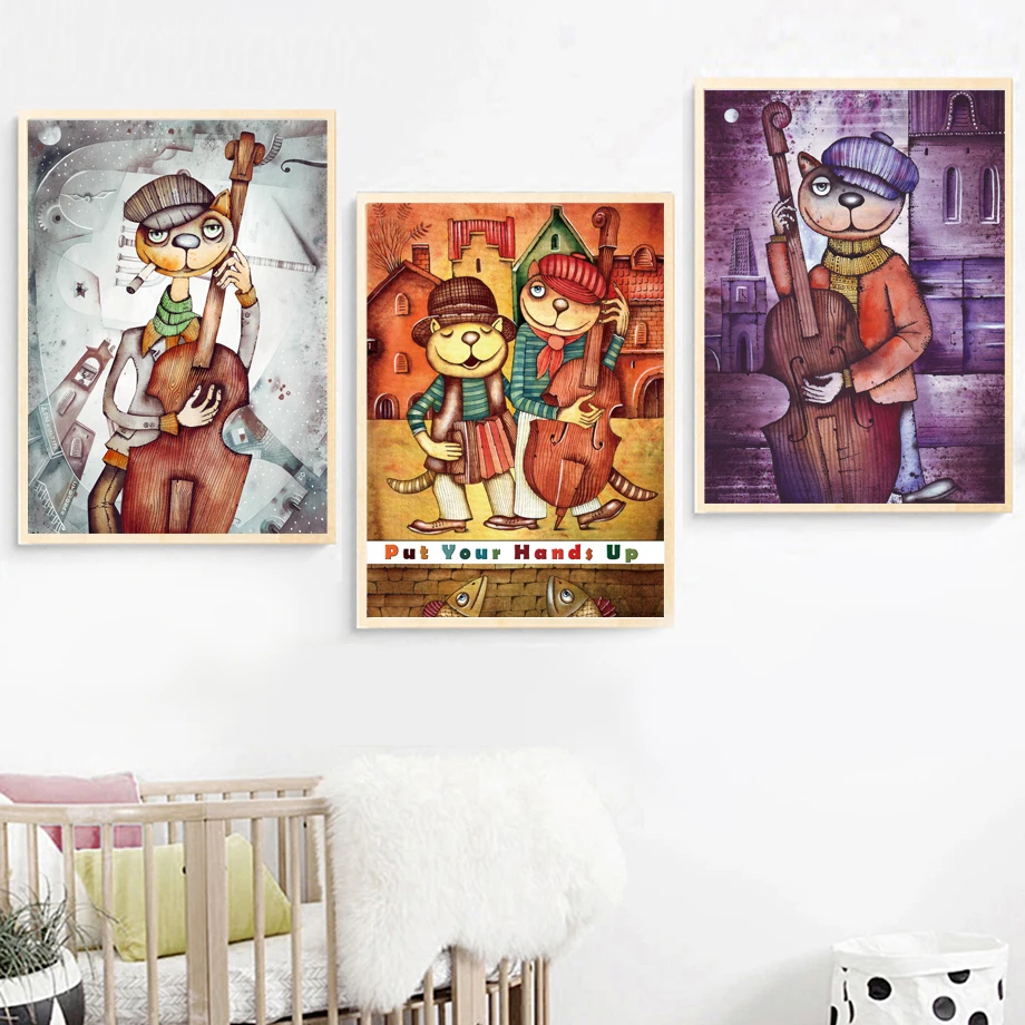 Vintag Cello Performer Musician Cat Nordic Posters And Prints Wall Art Canvas Painting Wall Pictures For Living Room Home Decor
