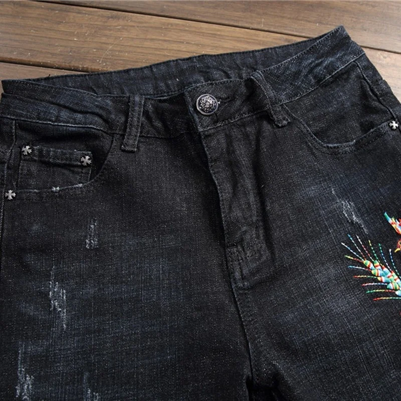 New Design Fashion Black Embroidery Flower Skinny Jeans Men Vintage Ripped Zip Beggar Pants Classic Denim Biker Trousers