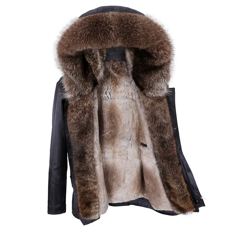 Manteau à capuche mi-long pour hommes, doublure en fourrure de lapin, tarte superposée, col en fourrure de raton laveur, nouvelle collection 2020