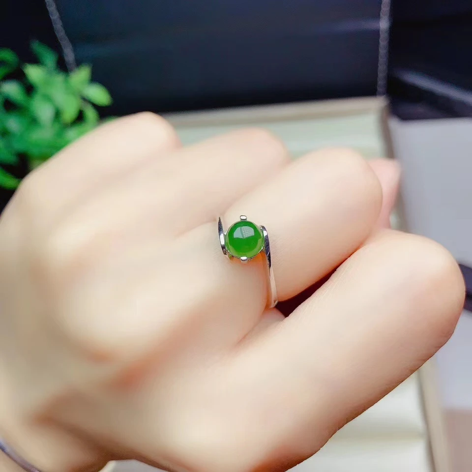 spinach green jade  ring for women silver jewelry round natural Hetian Jade real 925 silver gem good color soft character heart