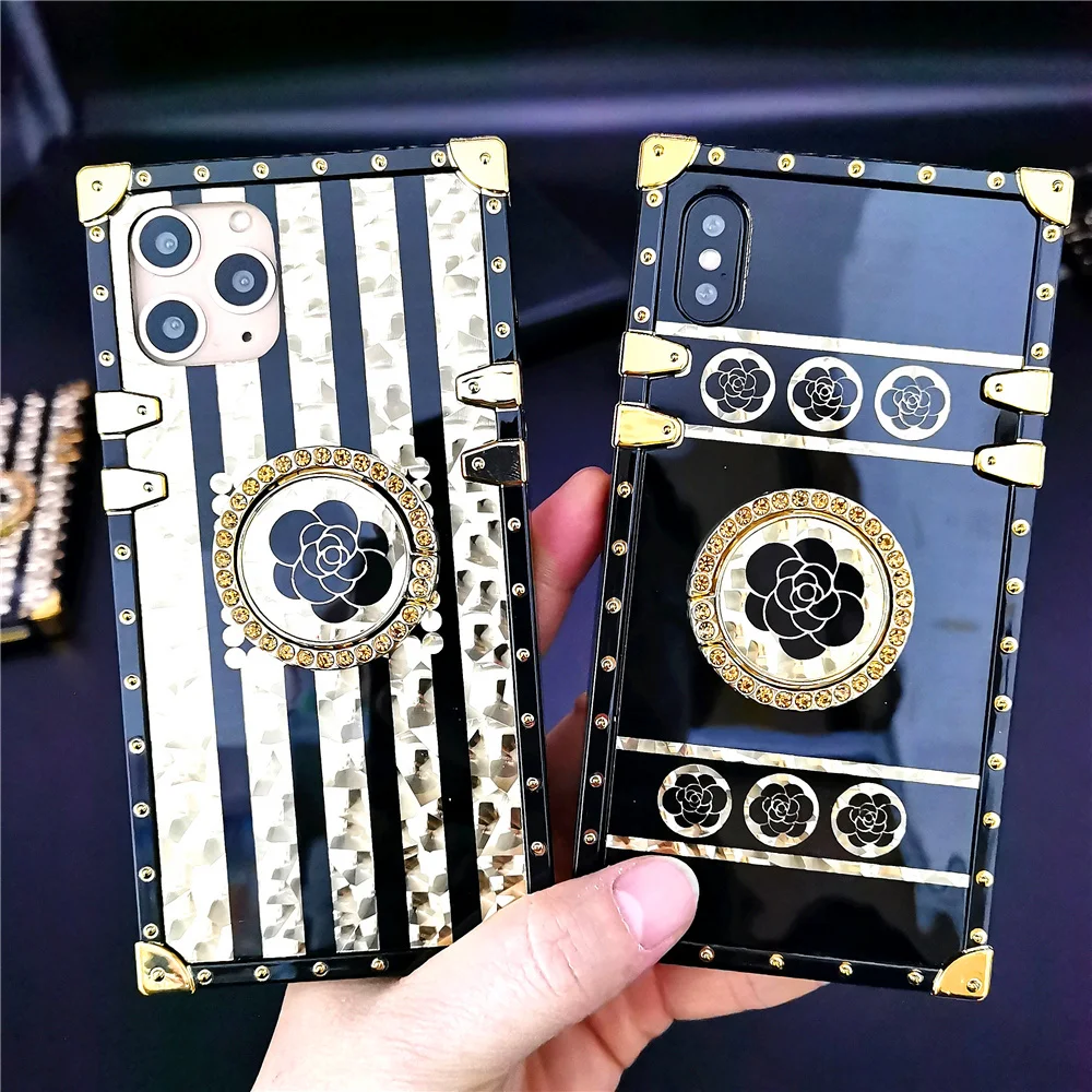 Luxury Brand Rose Flower Glitter Gold Square Case for Samsung Galaxy A71 51 S20 Plus S10 S21 Note 20 Ultra 10 S8 S9 Stripe Cover