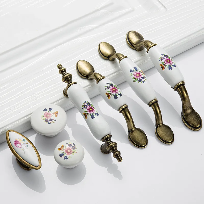 Antique Bronze Ceramic Cabinet Handles Zinc Alloy Drawer Knobs Wardrobe Door Handles Morning Glory European Furniture Handle