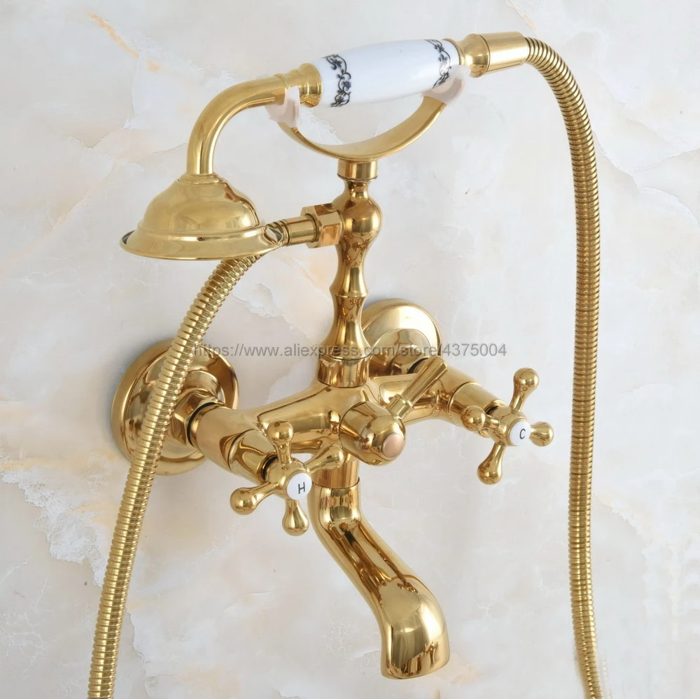 

Gold Color Brass Wall Mounted Bathroom Clawfoot Bathtub Faucet & Hand Shower Basin Sink Mixer Tap & Hand Shower Nna851