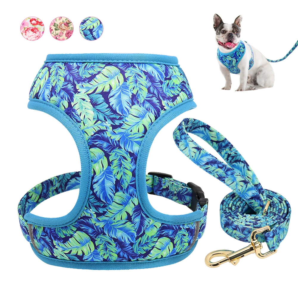 Nylon Dog Vest Harness Pet Lead Leash Breathable Padded Dogs Cat Harness With Belt Flower Print for Small Medium Large Dogs Cats