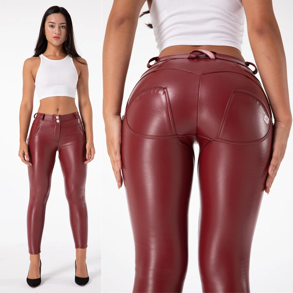 Shascullfites Melody Vintage Womens PU Leather Pants Elastic Waist Leggings Slim Leather Leggings Fleece Trousers