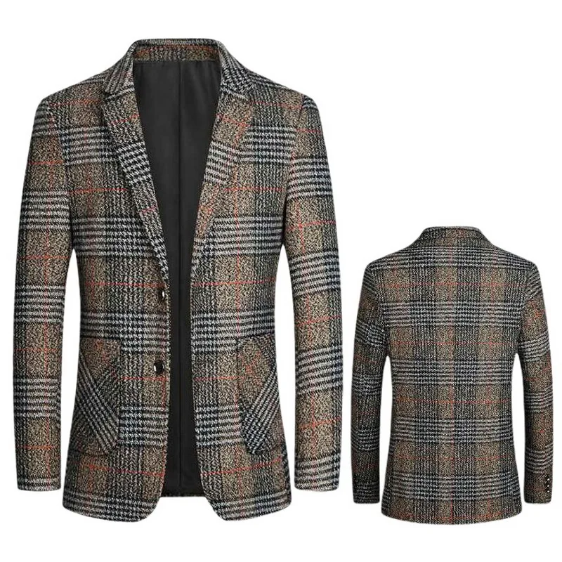 

Men Blazers Men's Suit Jacket High Quality Fashion Plaid Blazer Print Slim Fit Warm Blazer Coat Male