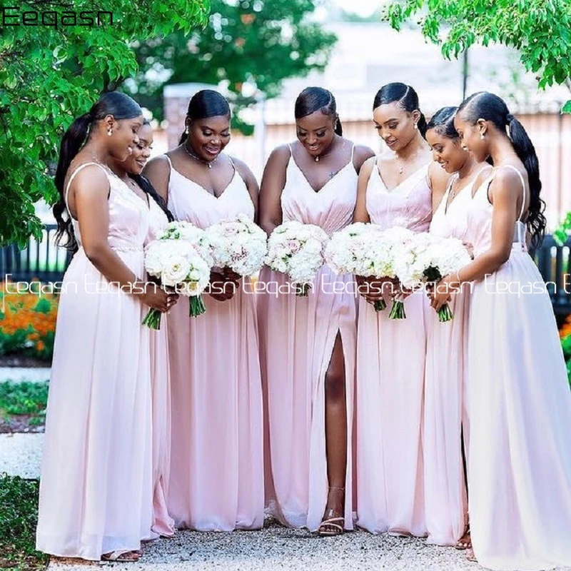 

Light Pink Chiffon Bridesmaid Dresses Spaghetti Straps V Neck Split Women Long Robe De Soiree De Mariage Wedding Party Dress