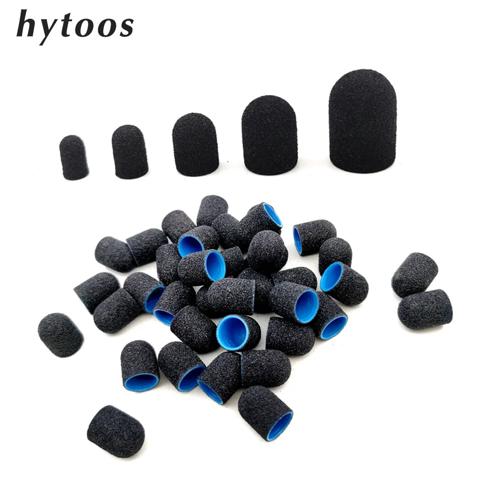 50Pcs Pedicure Care Black Sanding Caps HYTOOS Nail Drill Bit Accessories Plastic Sand Block Foot Cuticle Calluse Polishing Tool