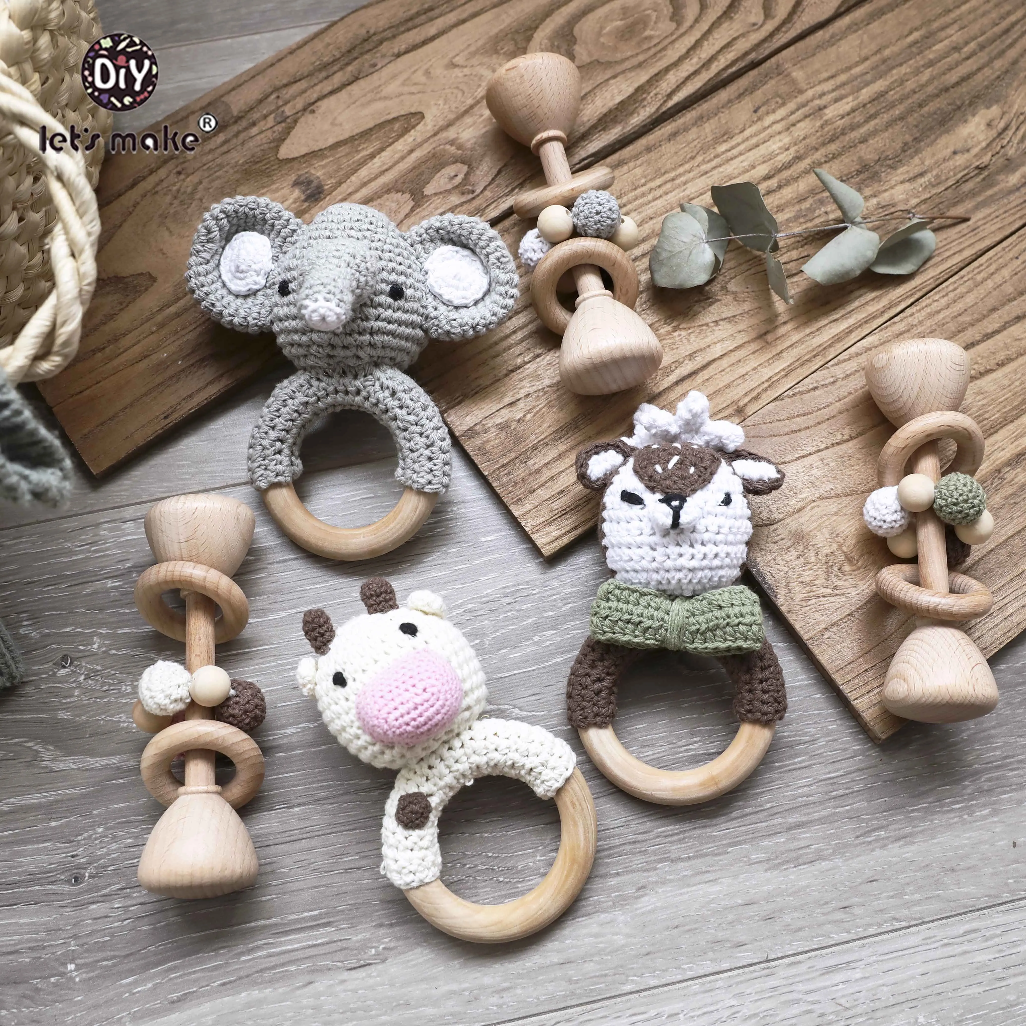 Let's Make 2pcs Wooden Baby Toys Set Wooden Beads Woven Wood Ring Kit Gym Wood Animal Rattles Wooden Teether BPA Free Kids Toys