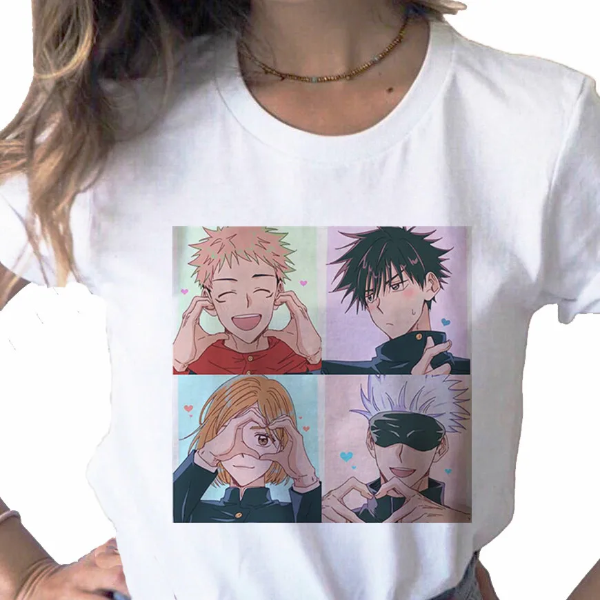 Jujutsu-Camiseta con estampado de Anime Kawaii para mujer, ropa básica informal con cuello redondo, blanca, de manga corta, envío directo