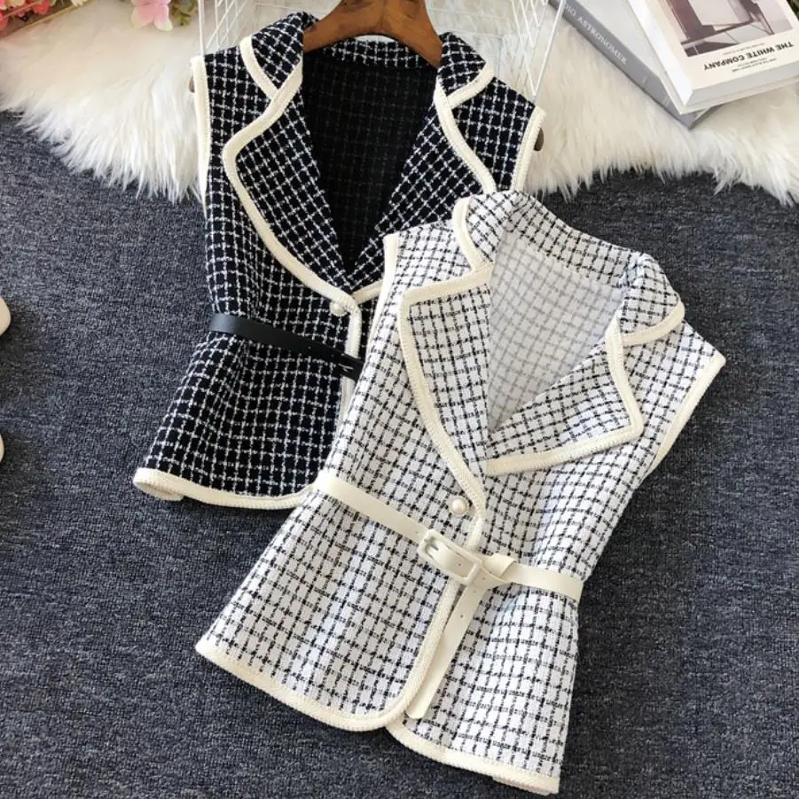 

New Retro small fragrance Plaid Outside Vest Women's Tweed Jacket Thin coat