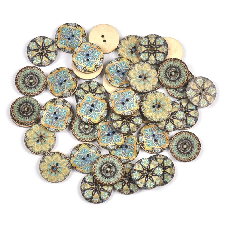 50Pcs 25mm Vintage Printed Wooden Buttons For Scrapbooking DIY Crafts Sewing Clothing Kids Garment Embellishment Supplies c2910