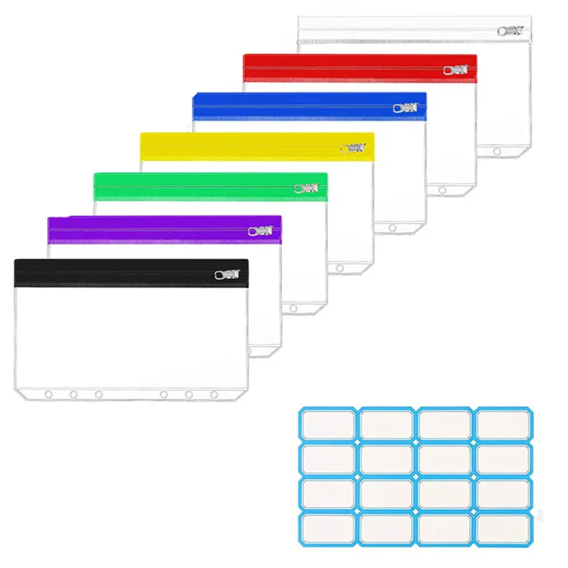 8Pcs/Set 6-Ring Binder Pockets  A6 Multicolor PVC Binder Pockets with Metal Zipper Waterproof for Cash Envelopes/Bill Storage