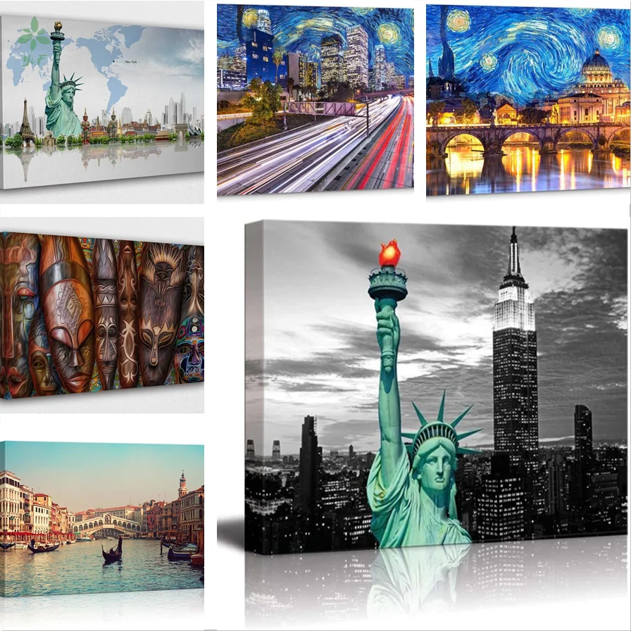 Oil Canvas New York , Statue Of Liberty, Venice, Starry Night, Traditional African Mask Paintings Can As Home Wall Decoration