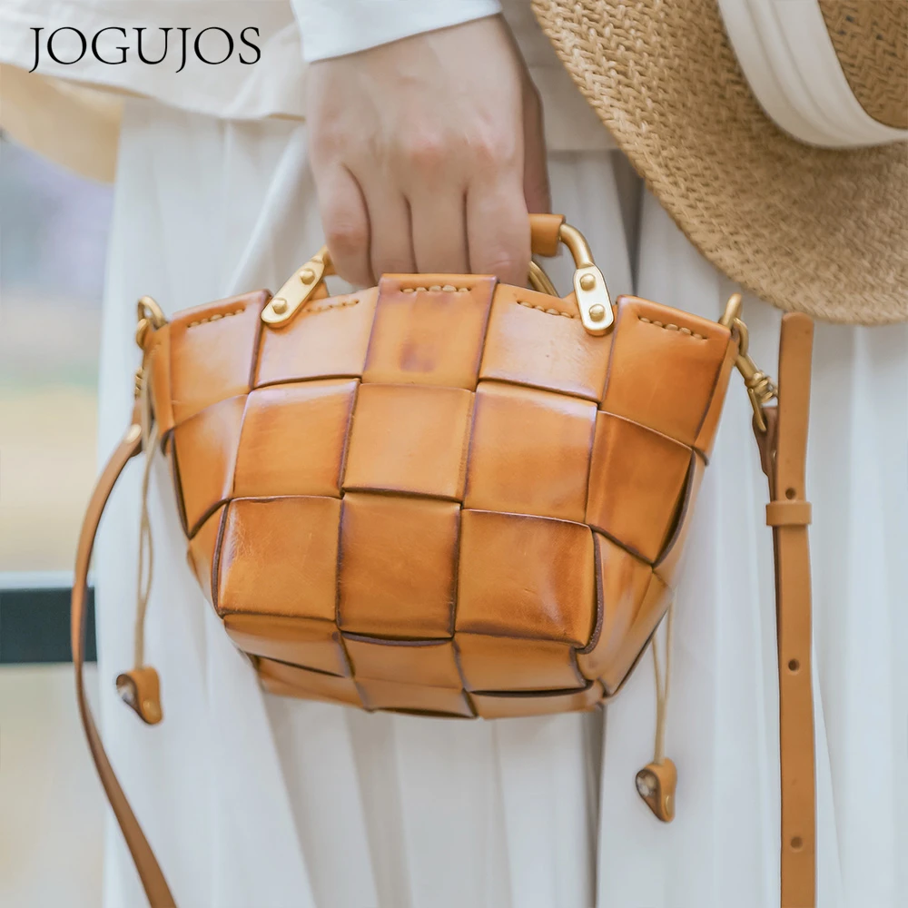 

JOGUJOS New Trendy Women Mini Calf Skin Leather Woven Clutches Basket Bag 2022 Female Plaid Square Handbag Luxury Copy Crossbody