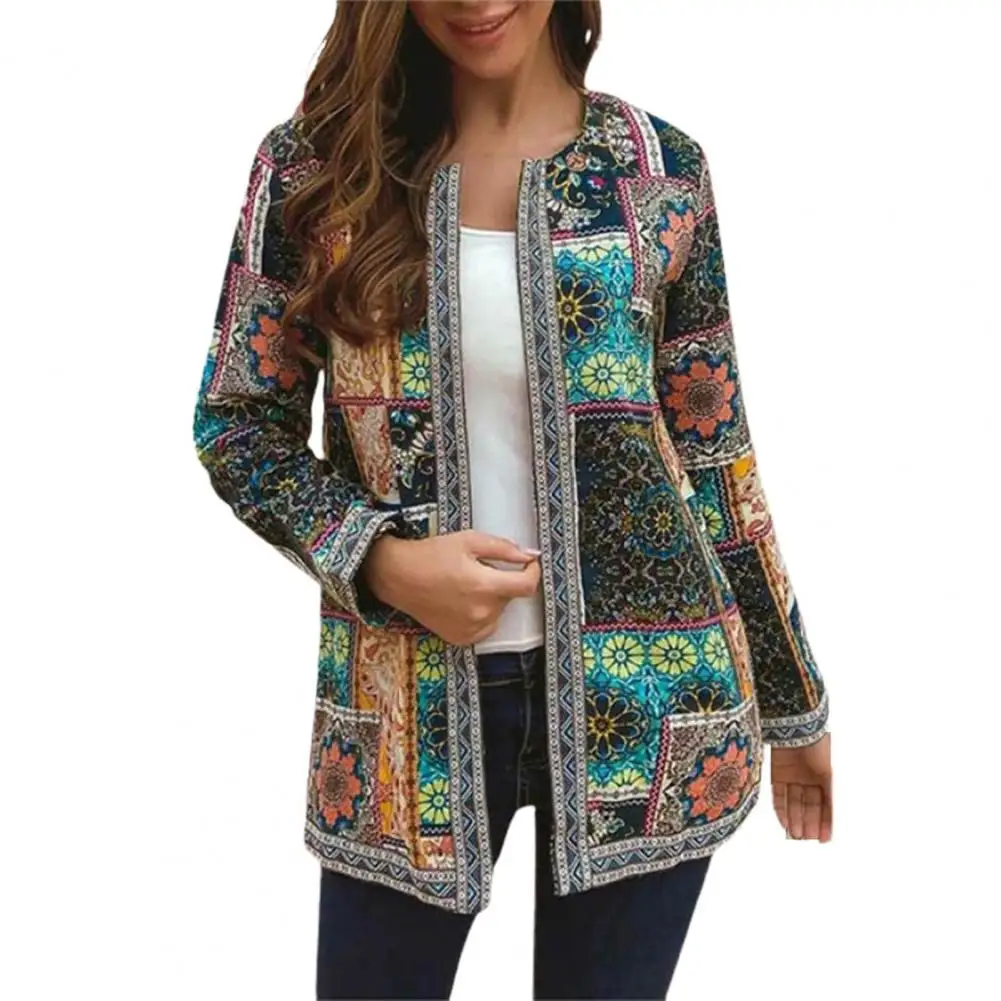 Vintage Women Jacket 2022 Cardigan Coat Ethnic Print Pockets Autumn Winter Long Sleeve Open Stitch Jacket Warm