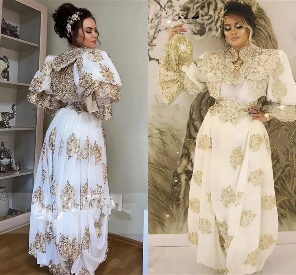Algeria Caftan Marocain de soirée Suknie ślubne złota koronka długi rękaw dostosowane Tradycyjne suknie wieczorowe Kosovo Vestidos