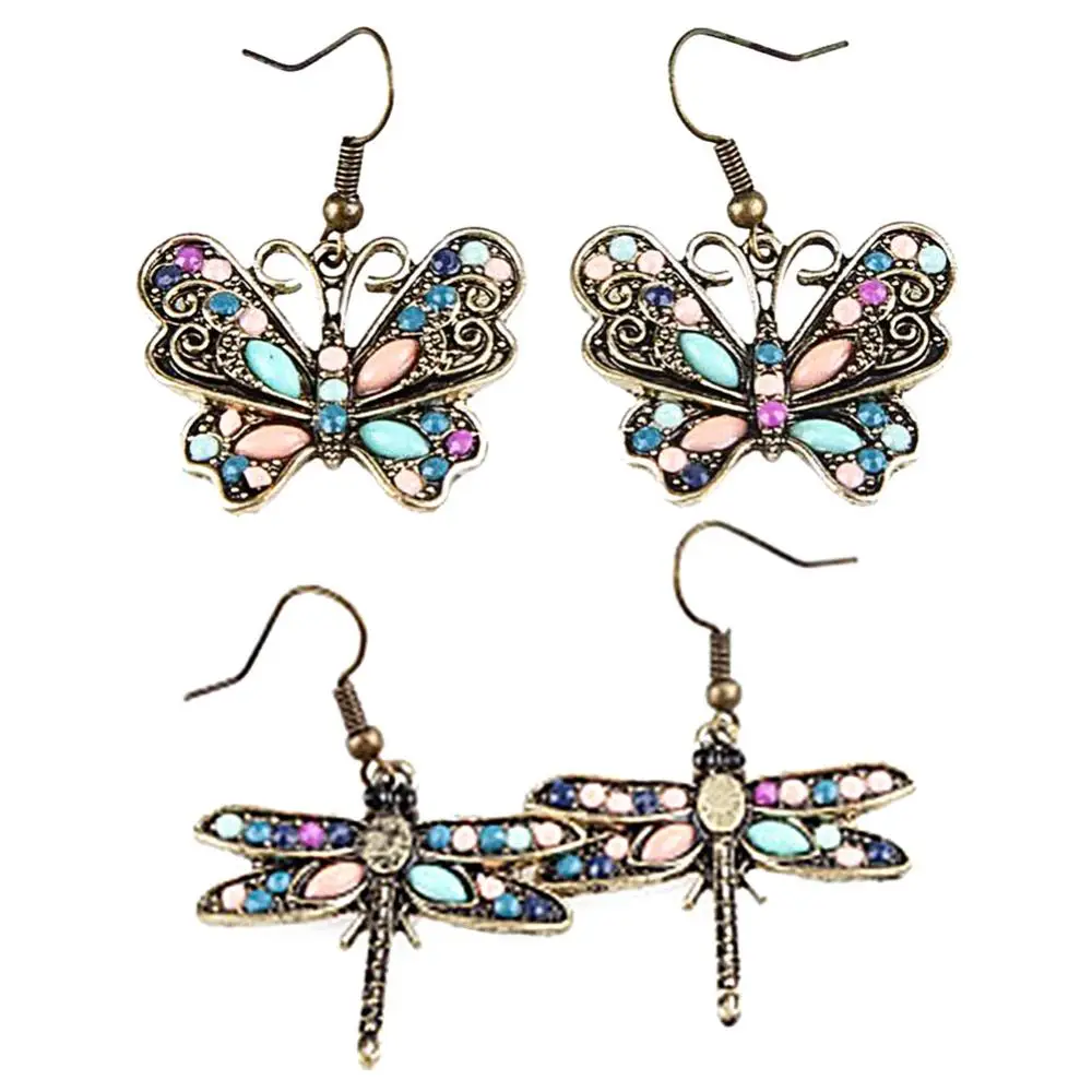 Bohemian Women Butterfly Dragonfly Rhinestone Charm Hook Earrings Jewelry Gift