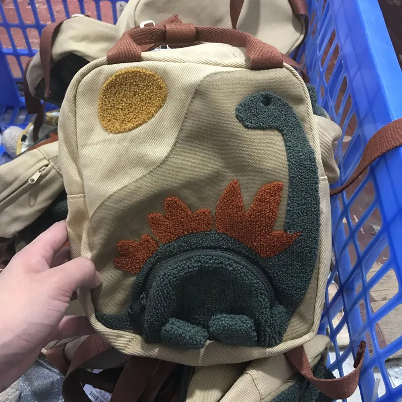 Новый рюкзак с вышивкой солнца с длинным воротом и маленьким динозавром, холщовый рюкзак с вышивкой на крючке и волосах для детского сада