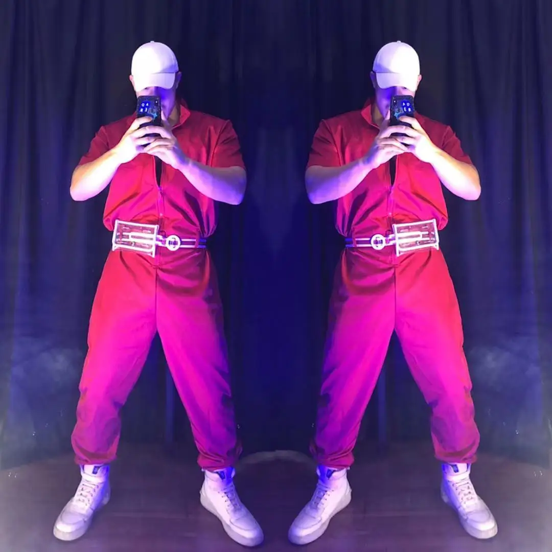 Male Hip Hop Overalls Bar Club Stage Gogo Costume Red Short Sleeve Loose Jumpsuit DJ Singer Dancer Team Street Dance Clothes