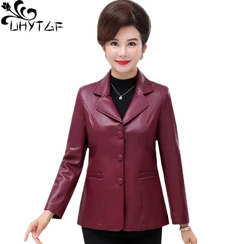 UHYTGF Autumn winter leather jacket women Mid-length female short 6XL Big size coat quality leather jacket veste cuir femme 322