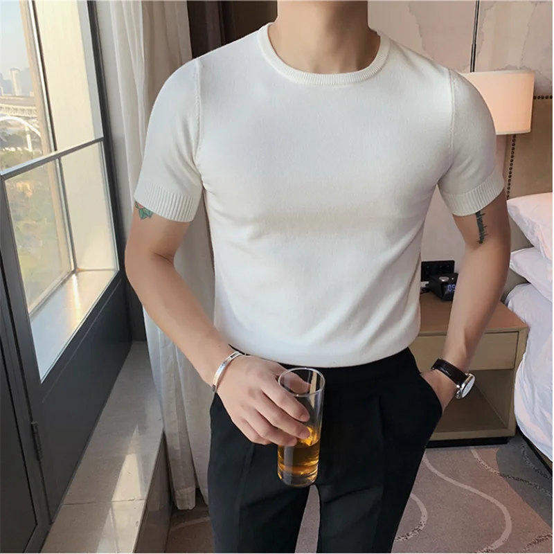 Summer Top Men Thin Slim Fit T-shirt 2021 Knitted Short Sleeves Solid Color Sweater Pullover T Shirt Slim Knitted Tees Top Homme