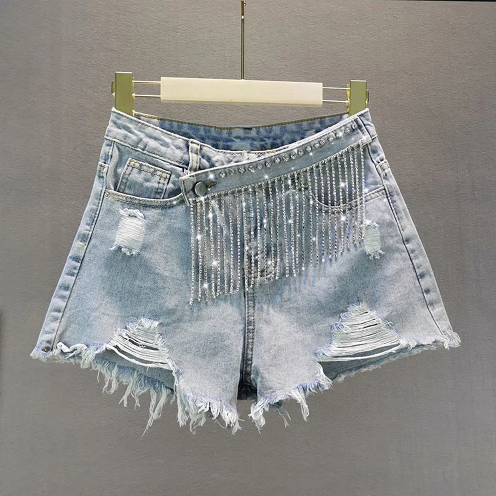 Denim Patchwork Diamond Tassel Shorts For Women High Waist Casual Hole Shorts Female Fashion New Clothing 2022 Tide