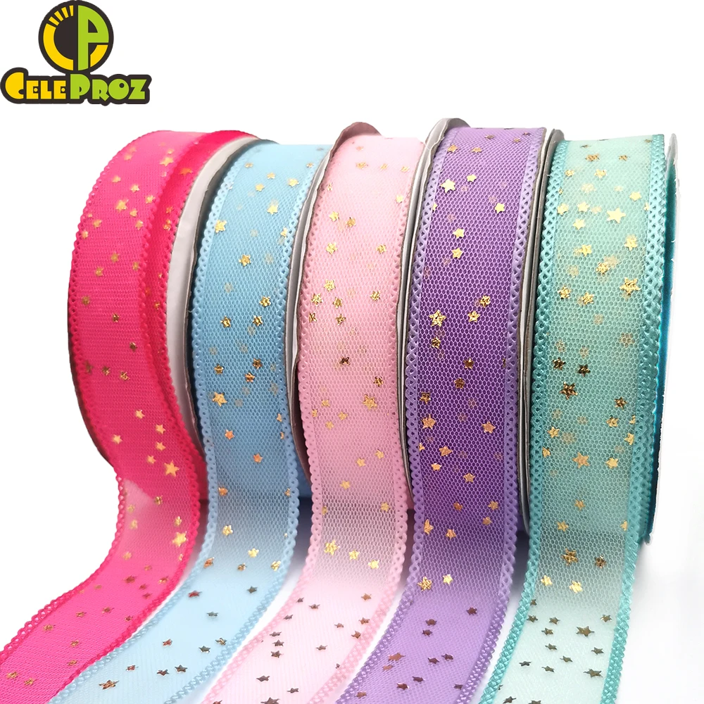 25mm Organza Ribbon Golden Star Stamped Tulle Tape With Sewing Edges 20yards Yarn Film DIY Bowknot Material Baking Giftbox Wrap