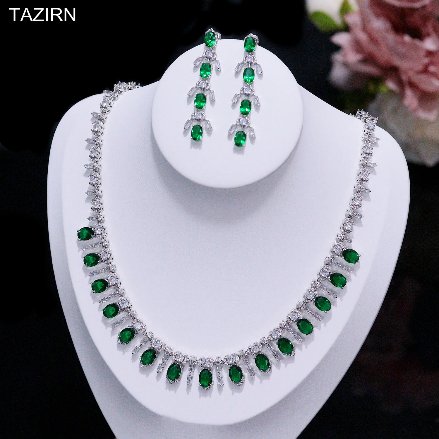 Luxury AAA Cubic Zirconia Bridal Jewelry Set Green Two Pieces Necklace and Earrings Set for Women Wedding Party Prom Jewelry