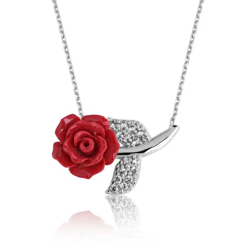 Silver Red Rose Lady Necklace Zircon Stone 925 Sterling Women Fine Jewelry Wedding Party Birthday Gift - Jeweled - Box - Pendant - Chain Choker - Female - Ladies - Fashion