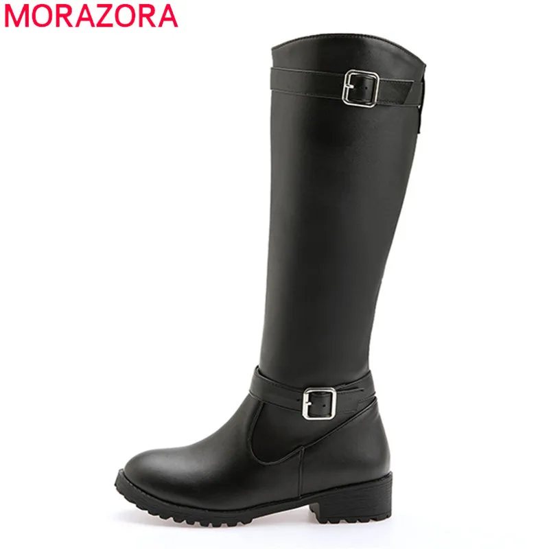 MORAZORA 2022 Big size 33-50 winter knee high boots med heels round toe buckle ladies shoes black color women boots