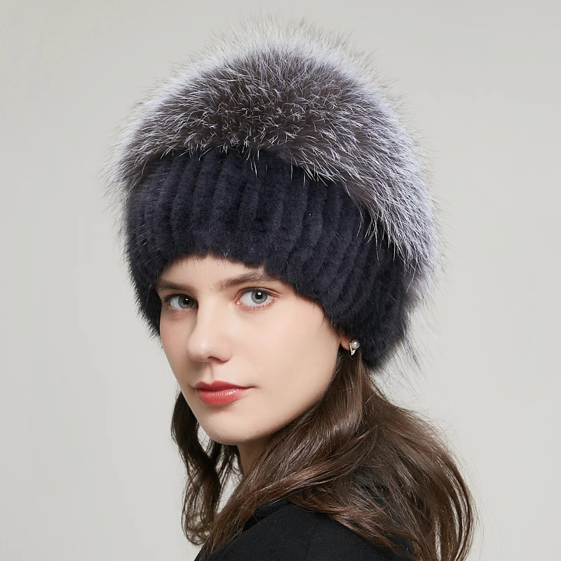 

JKP Winter Warm Ladies Fashion Mink Knit Hat With Fox Fur Ball Ear Protection Russia Hot Sale Women Beanie Cap 20GYR-01