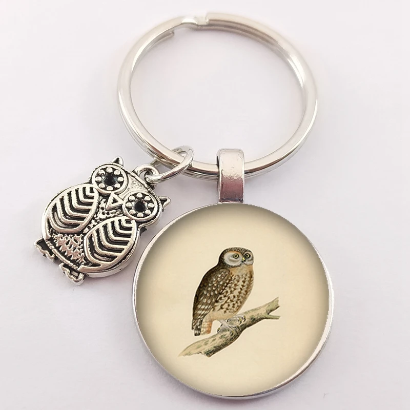 New cute cartoon owl key chain animal owl pattern key ring key ring chain holder glass convex round charm bag key chain