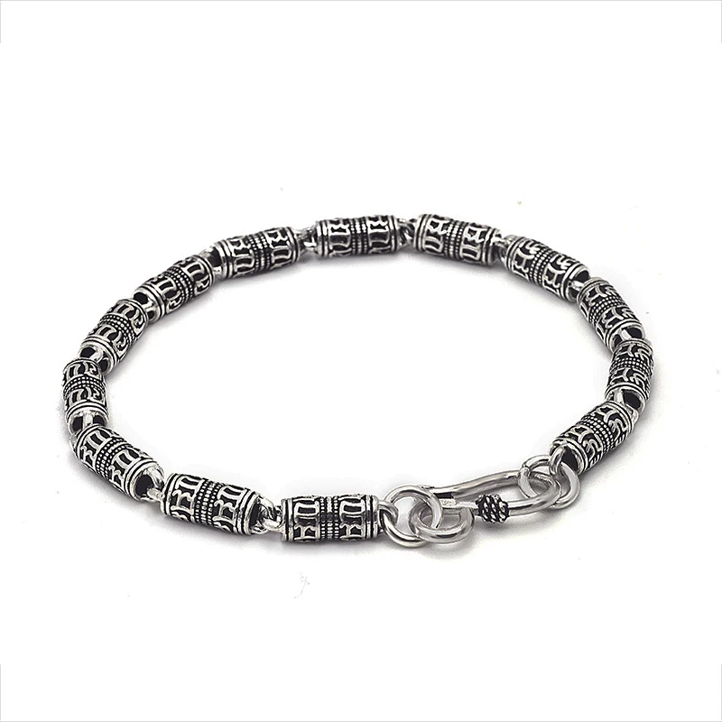 Solid 925 Sterling Silver Bracelet Tibetan Mantra Chain Retro Thai silver Jewelry Mens Gift