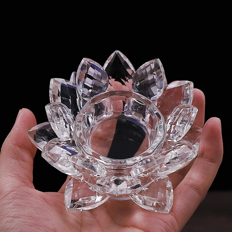 1 PC Stunning Home Ornament Gem Cuting Crystal Glass Lotus Shape Flower Tea Light Candle Holder Buddhist Feng Shui Decoration