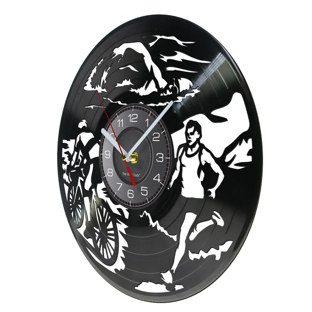 Triathlon Athletic Competition Vinyl Record Wall Clock Triathlete Decor Swimming Cycling Running Multisport Modern Hanging Watch