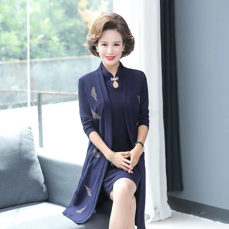 Oriental Style Women Two Pieces Dresses leaves Knee Length Cardiagn and Sleevless Elegant Dress Woman Spring /autumn