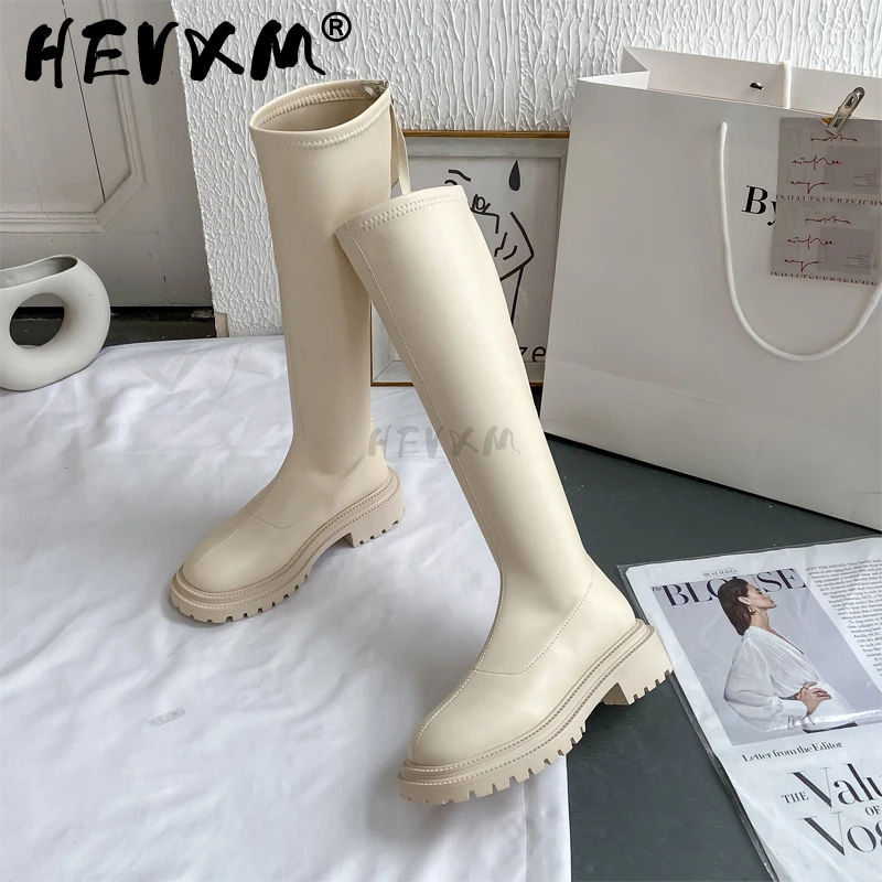 Women Platform Boots 2023 Winter Gothic Shoes Long Boots Women Fashion Black Beige Mid Calf Boots Round Toe Slip on Riding Boots