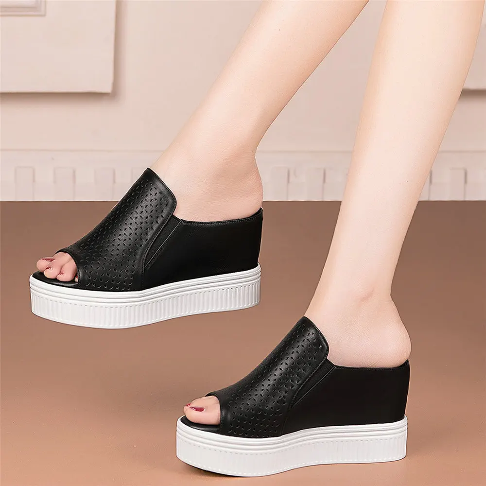 Women Genuine Leather Wedges High Heel Roman Gladiator Sandals Female Slip On Open Toe Platform Fashion Sneakers Casual Shoes